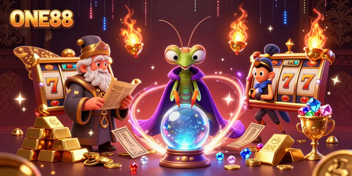 Engage with ONE88's vibrant slot games, illustrated by a mystical fortune teller and librarian, surrounded by treasures.