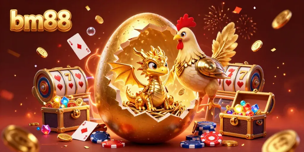 Engage with bm88's exciting casino world, showcasing a golden dragon on poker chips amidst casino symbols.