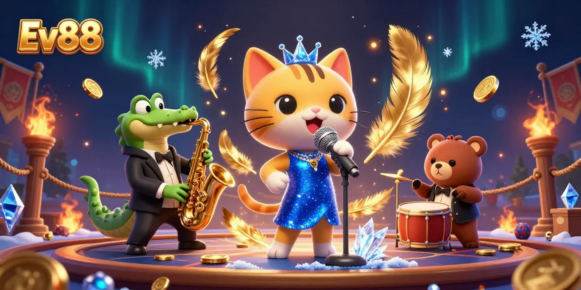 Ev88 showcases a vibrant casino scene with a singing cat, saxophone crocodile, and drum bear surrounded by betting tokens.