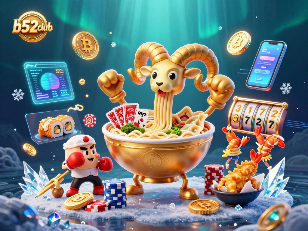 Engage with b52club in a vibrant, animated casino scene featuring colorful characters and cryptocurrency elements.