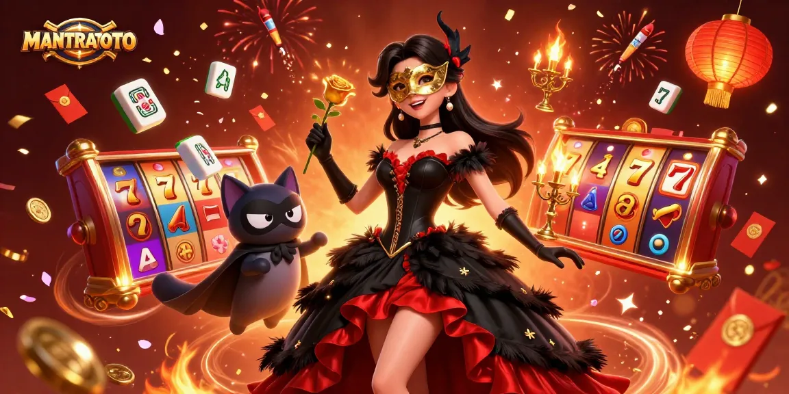 Join the excitement of MANTRATOTO with thrilling slot symbols, and a stunning scene celebrating online gambling.