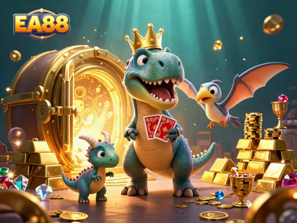 Join the fun with EA88 as a T-Rex shuffles cards, a pterodactyl assists, and a triceratops stacks chips in a vibrant casino scene.