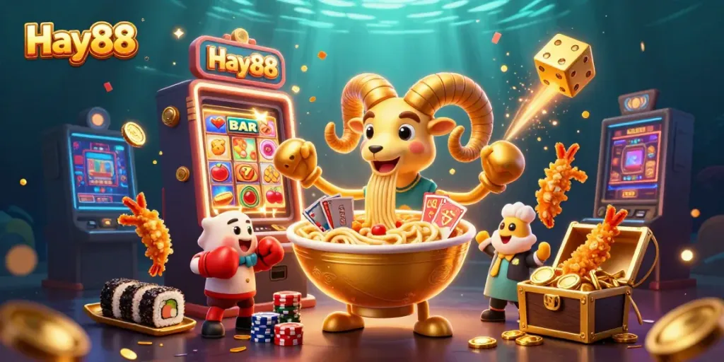 Join the excitement at Hay88 with a vibrant casino-themed illustration showcasing gaming fun.
