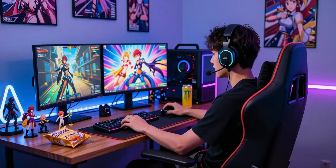 Gamer immersed in playing real ecchi games with a vibrant gaming setup, action-packed character graphics displayed on dual monitors.