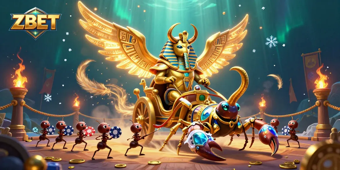 ZBET features an epic scene with golden scarab and scorpions in a rich casino atmosphere.