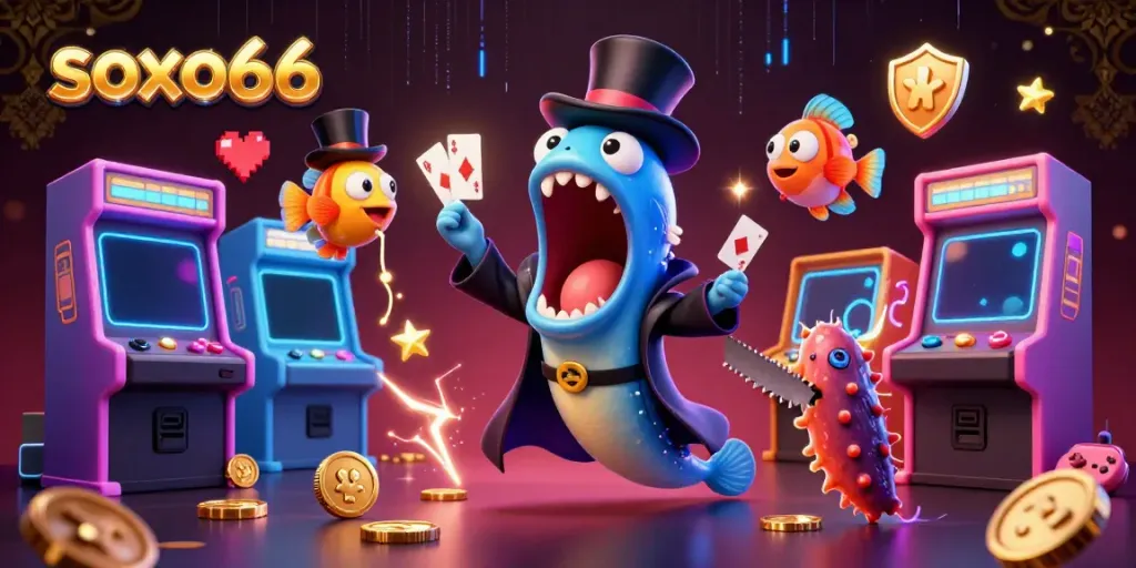 Experience soxo66 magic with card tricks by a bioluminescent eel and anglerfish in a vibrant casino scene.