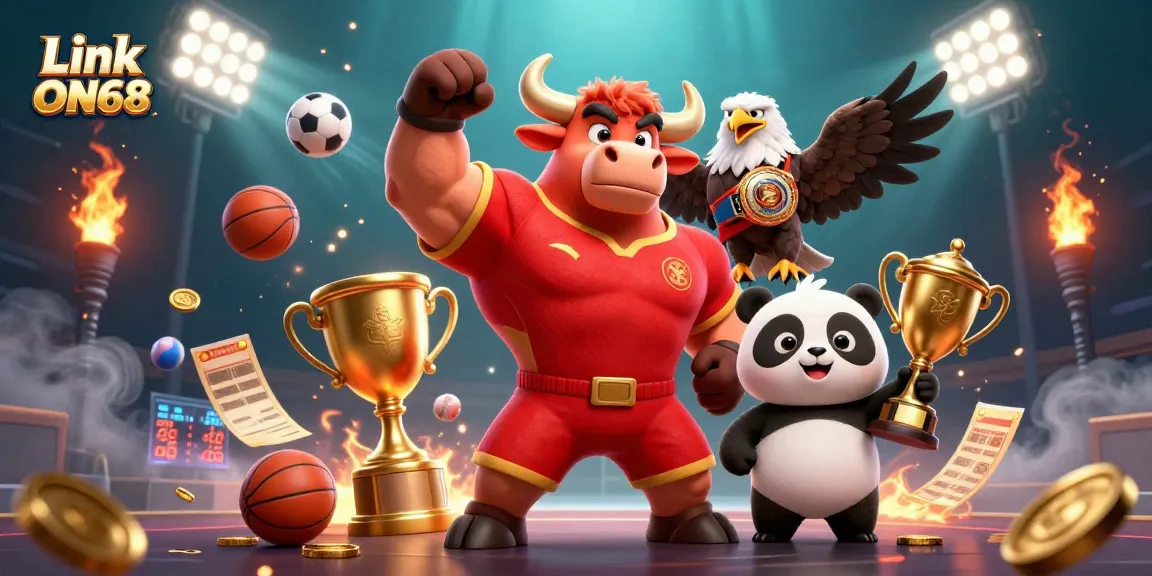 Bet on your success with Link ON68, featuring a 3D bull mascot and sports elements for thrilling casino action.