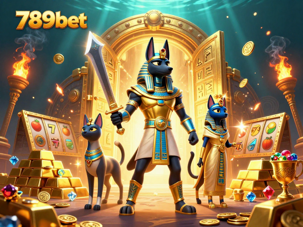 Experience the excitement of 789bet through a dynamic casino illustration with Anubis and treasures.