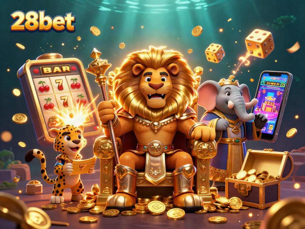 Experience thrilling wins at 28bet with a vibrant 3D casino scene showcasing slots, games, and excitement.