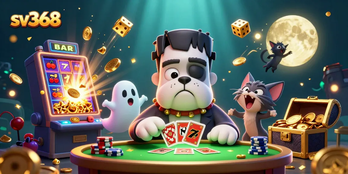 Engage with sv368, where a playful Frankenstein bulldog dealer entertains at a lively casino.