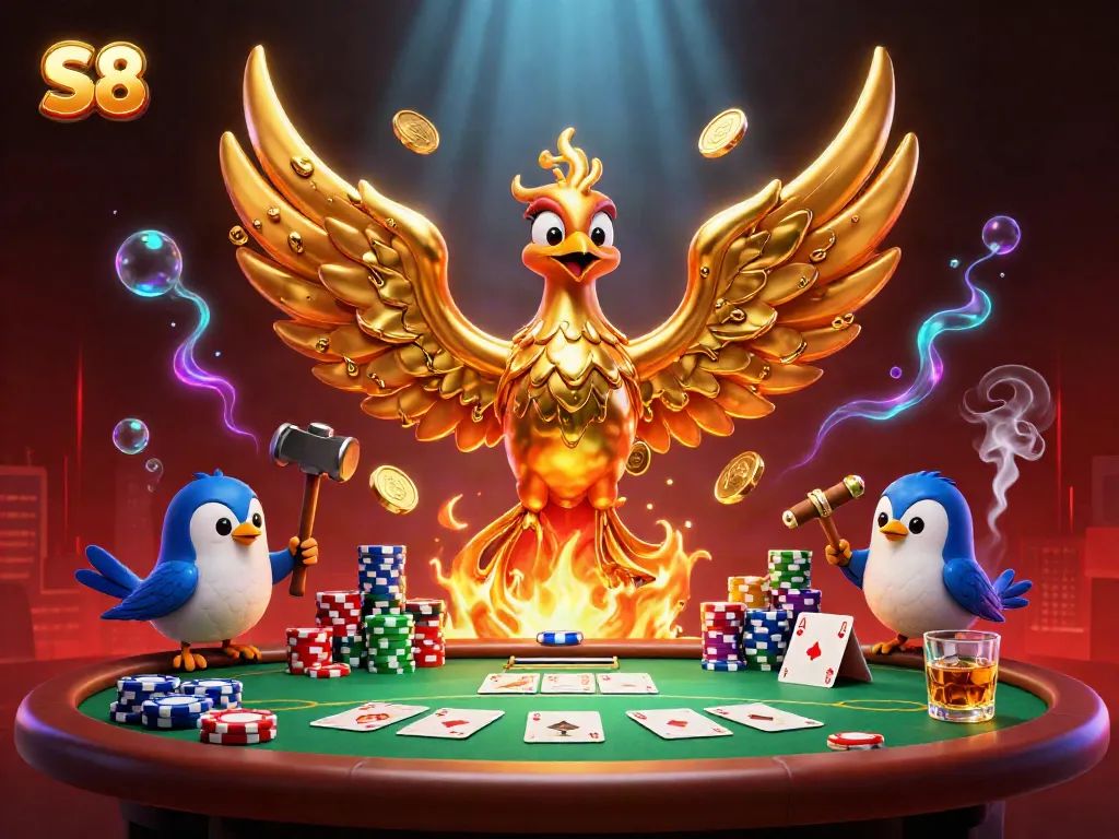 Engage with S8's vibrant casino scene featuring dynamic gaming elements and a golden phoenix avatar.