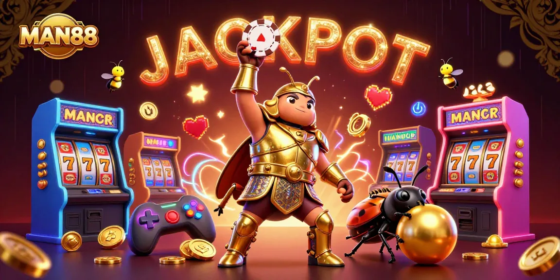 Join the excitement at MAN88 with a triumphant beetle championing poker excellence amidst vibrant casino imagery.