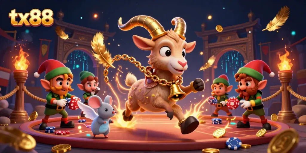 Experience the thrill of tx88 with a magical casino scene featuring festive characters and dynamic elements.