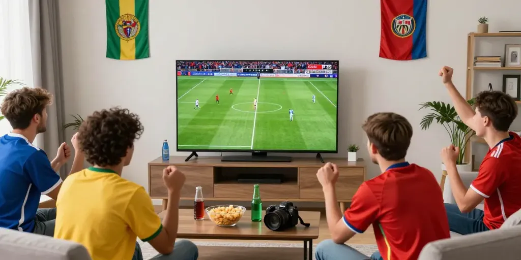 Xoilactv fans enjoying a football match in a lively home setting.