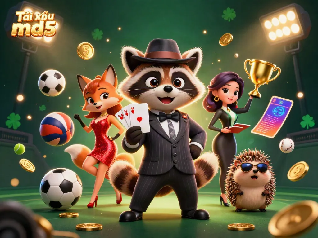 Engage in Tài xỉu md5 with a raccoon holding a royal flush, surrounded by dynamic casino elements.