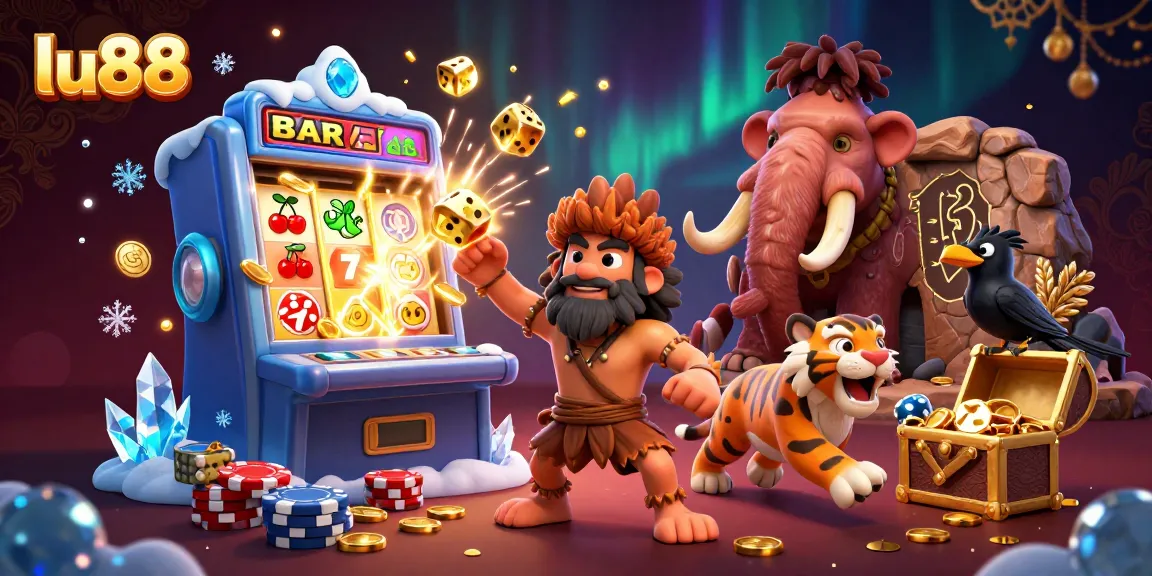 Experience the thrill of lu88 at a prehistoric casino with cartoon characters and vibrant gaming action.