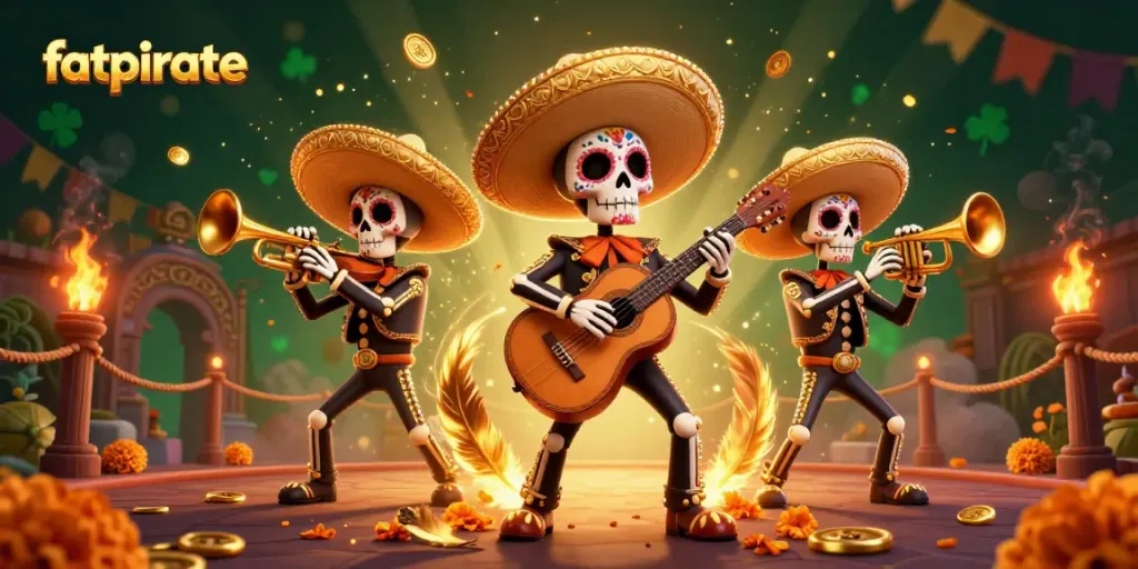 Experience the thrilling action of fatpirate with a vibrant mariachi-themed casino illustration.