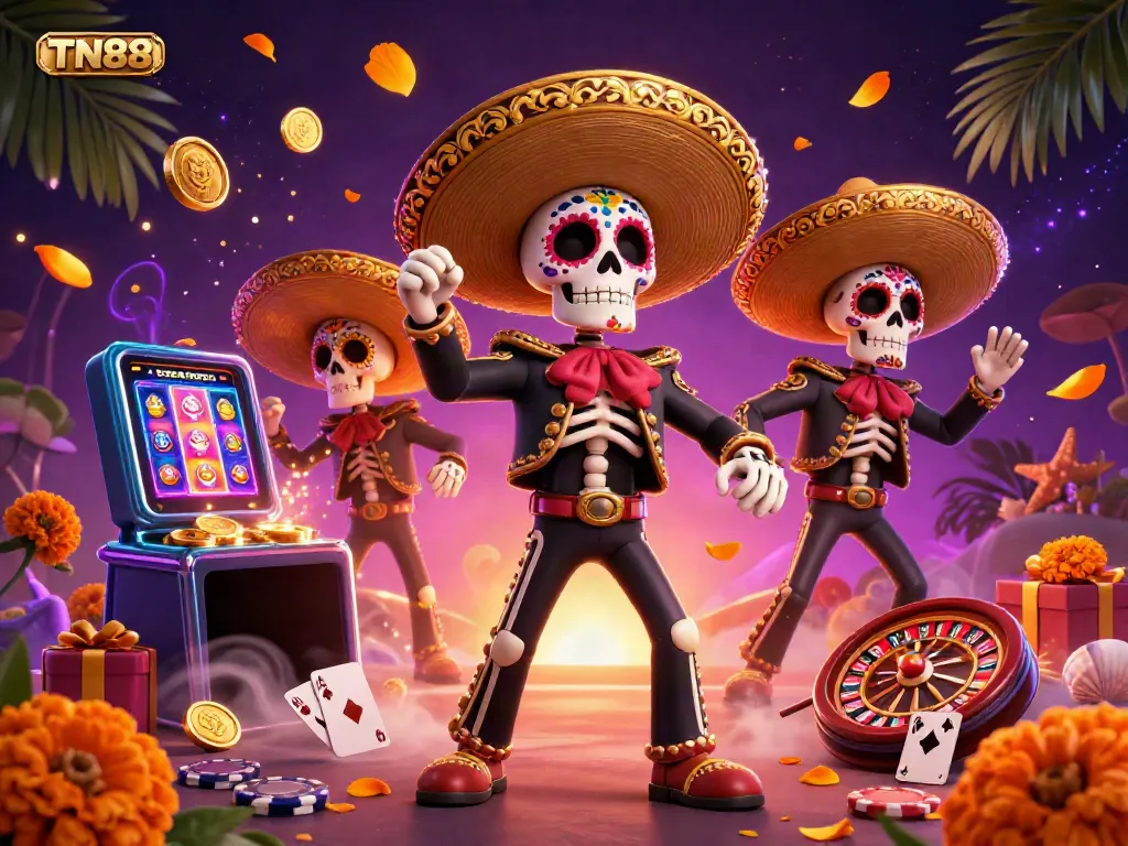 Experience vibrant TN88 casino games with a Dia de los Muertos mariachi band surrounded by colorful slot elements.