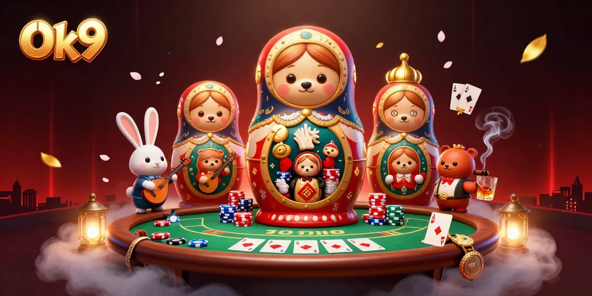 Experience thrilling casino action with Ok9's vibrant 3D gaming scene featuring Matryoshka bears.