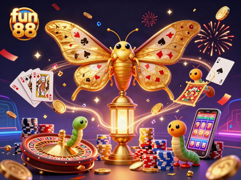 Play thrilling games at fun 88, featuring an energetic casino scene with vibrant moths and sparkling elements.