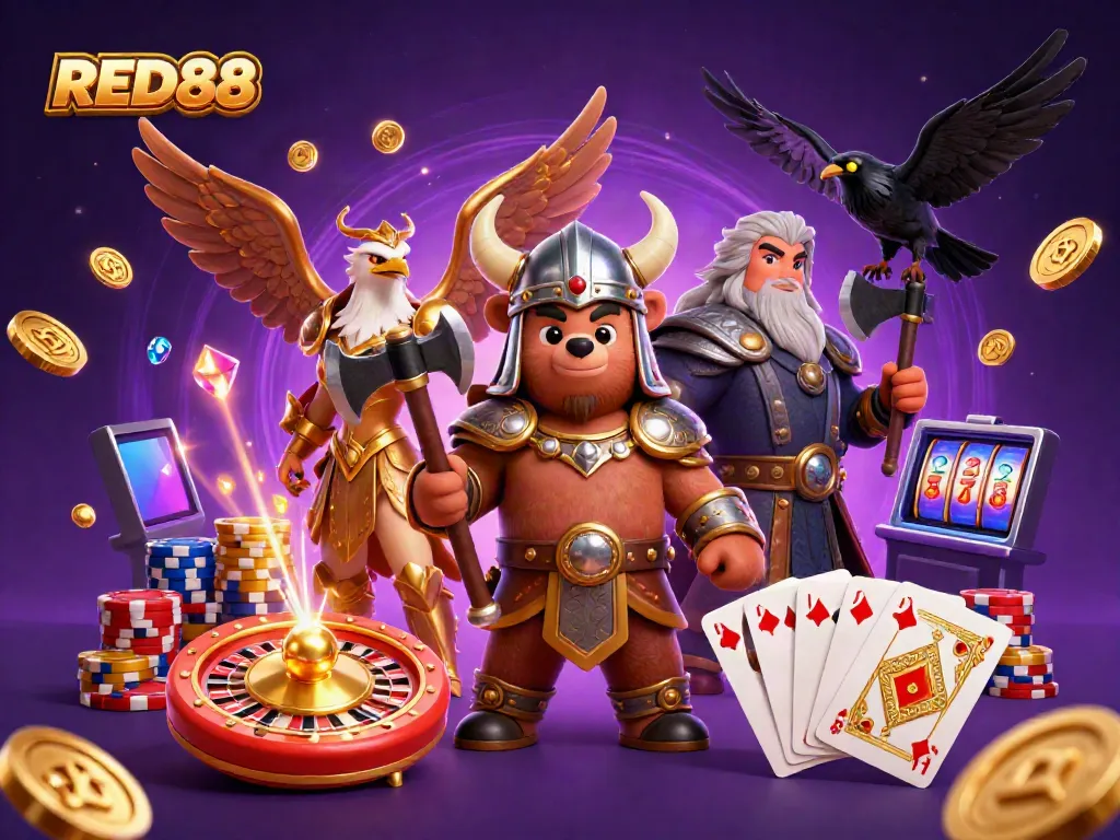 Winning at RED88 with vibrant casino action featuring a Viking bear, Valkyrie eagle, and dynamic game elements.
