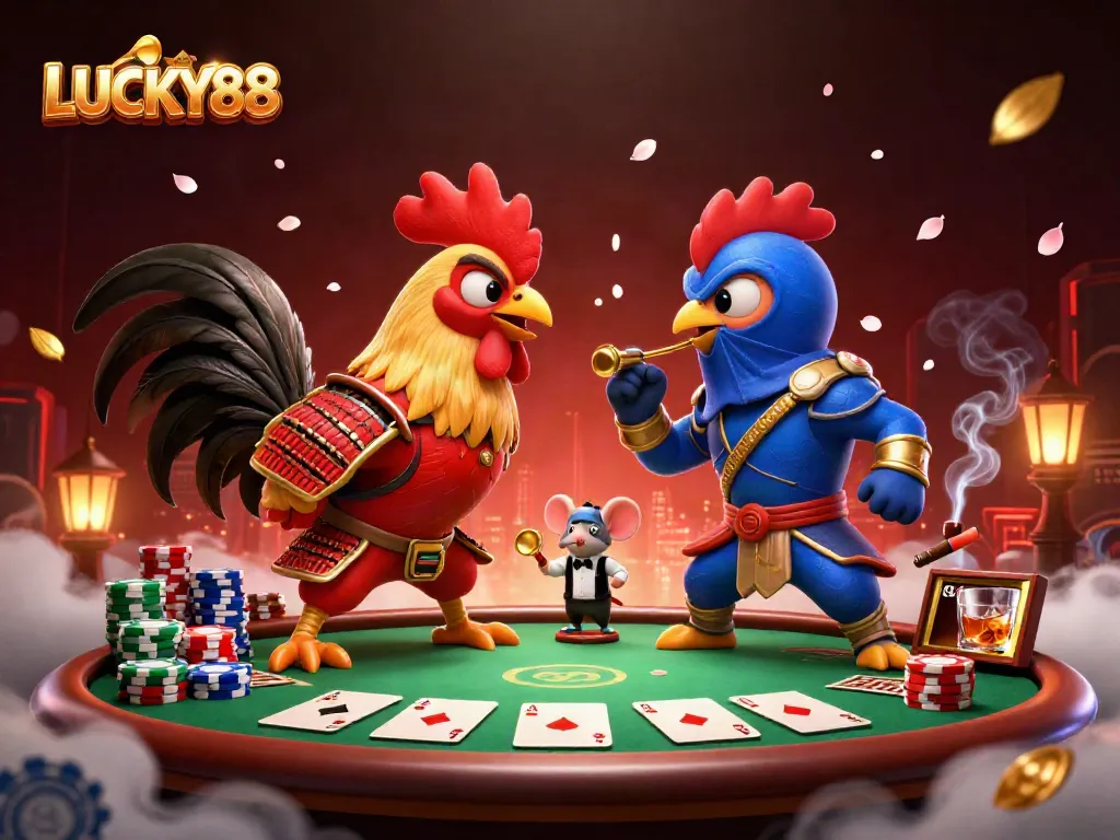 LUCKY88 showcases a thrilling rooster showdown on a vibrant casino-themed backdrop with poker elements.