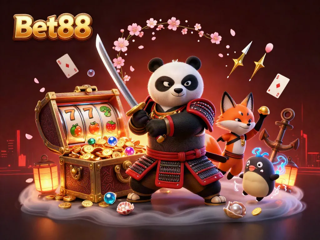 Experience the thrill of Bet88 with dynamic characters and vibrant casino elements in this stunning illustration.