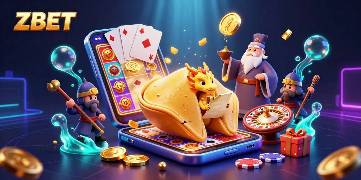 ZBET bets and wins with a vibrant 3D illustration featuring characters emerging from a golden fortune cookie amidst casino elements.