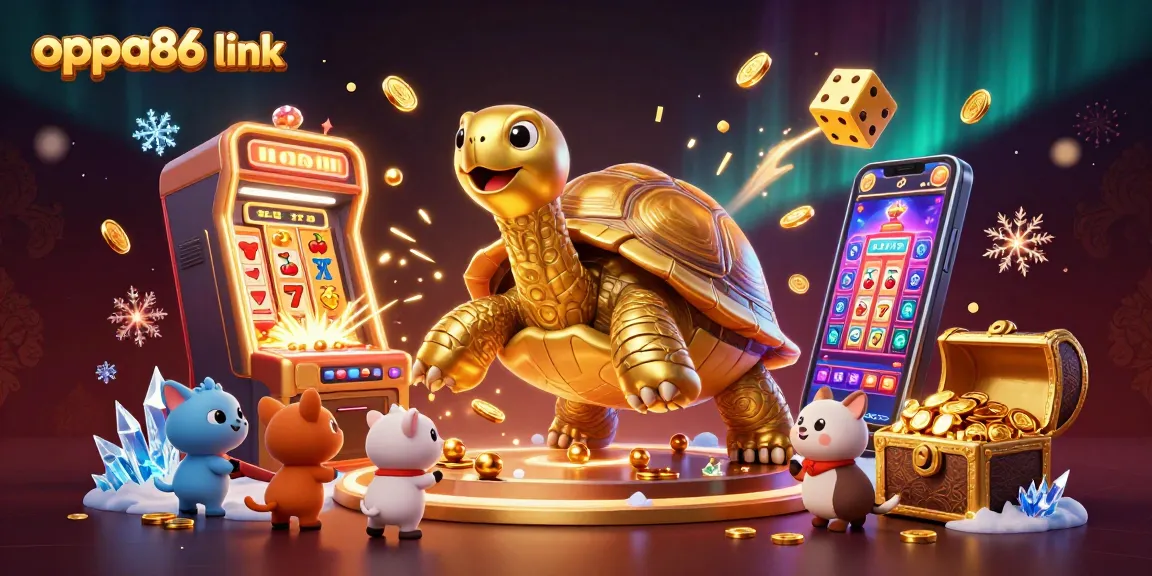 Engage in thrilling slots with oppa86 link, featuring a lively scene of lucky animals playing around a vibrant casino atmosphere.