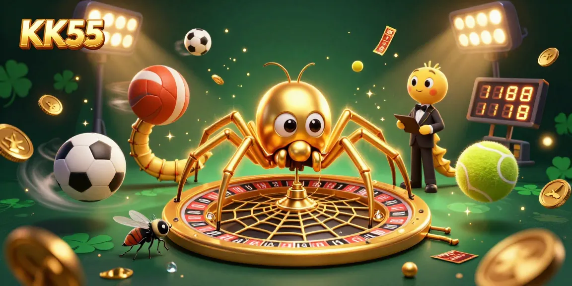 Engage with KK55's exciting roulette atmosphere featuring a golden spider and sports betting elements.