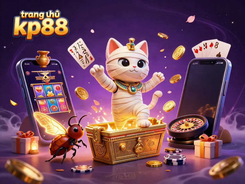 Experience the excitement of trang chủ kp88 with a 3D mummy cat and casino elements, surrounded by slot games and golden coins.