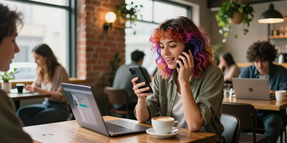 Engaging social media scene featuring a young woman interacting with an AI chat service, ai slut, at a trendy café.