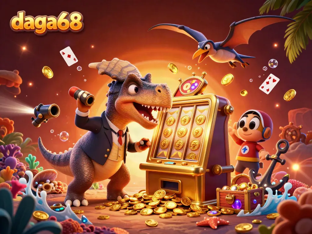 Experience the thrill of daga68 with a cartoon dinosaur and slot machine in a vibrant casino scene.