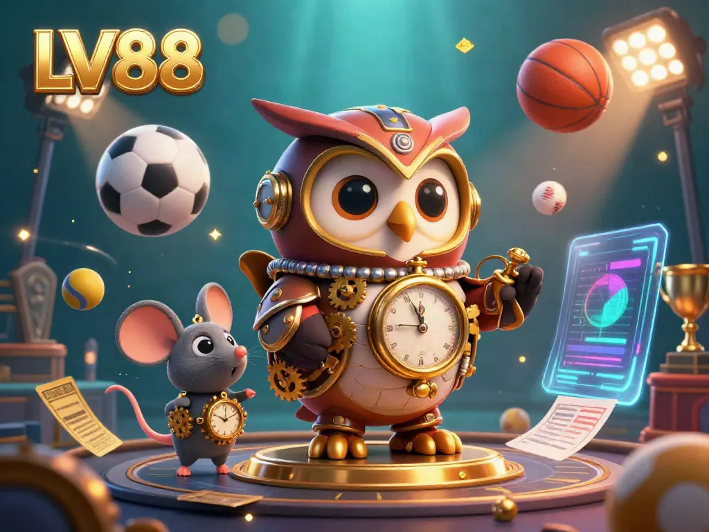 Experience the vibrant LV88 gaming world with a 3D time-traveling owl among casino motifs and sports elements.