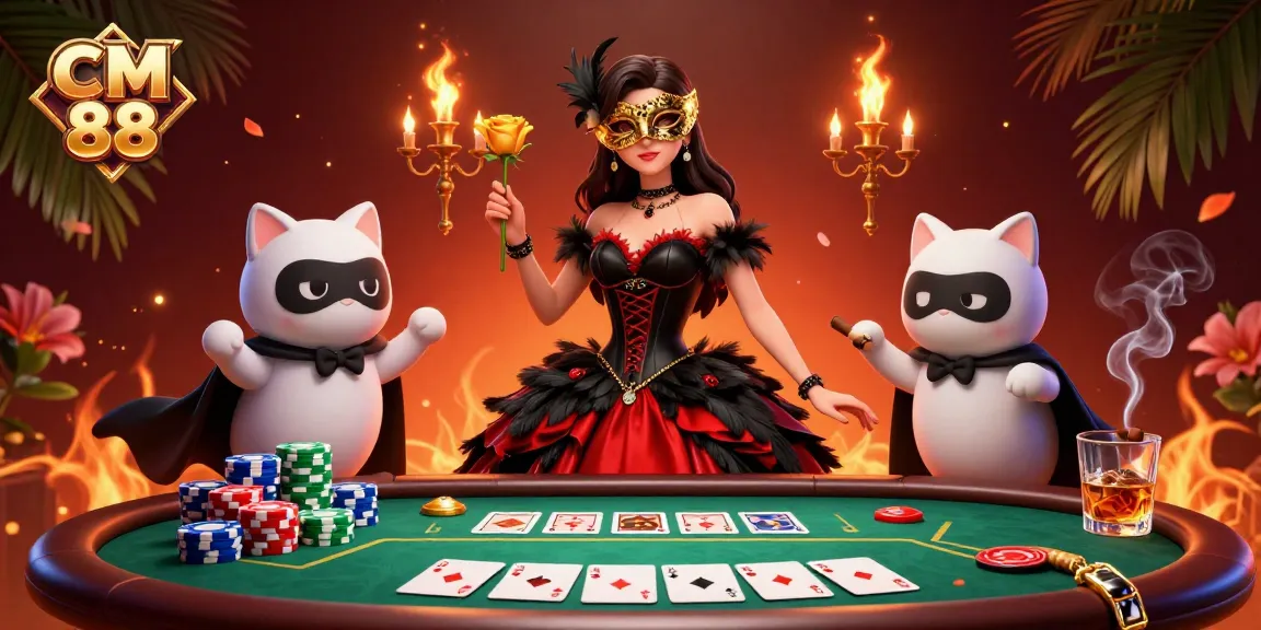 Engage in CM 88 casino excitement with a stunning masked woman and vibrant poker elements.