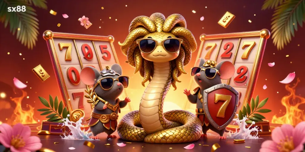 Experience thrilling gameplay at sx88 with a friendly Medusa, a warrior mouse, and vibrant casino elements.
