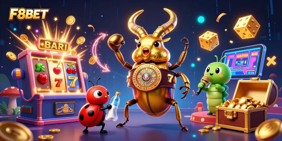 F8BET showcases an energetic gaming scene with vibrant casino elements and characters.