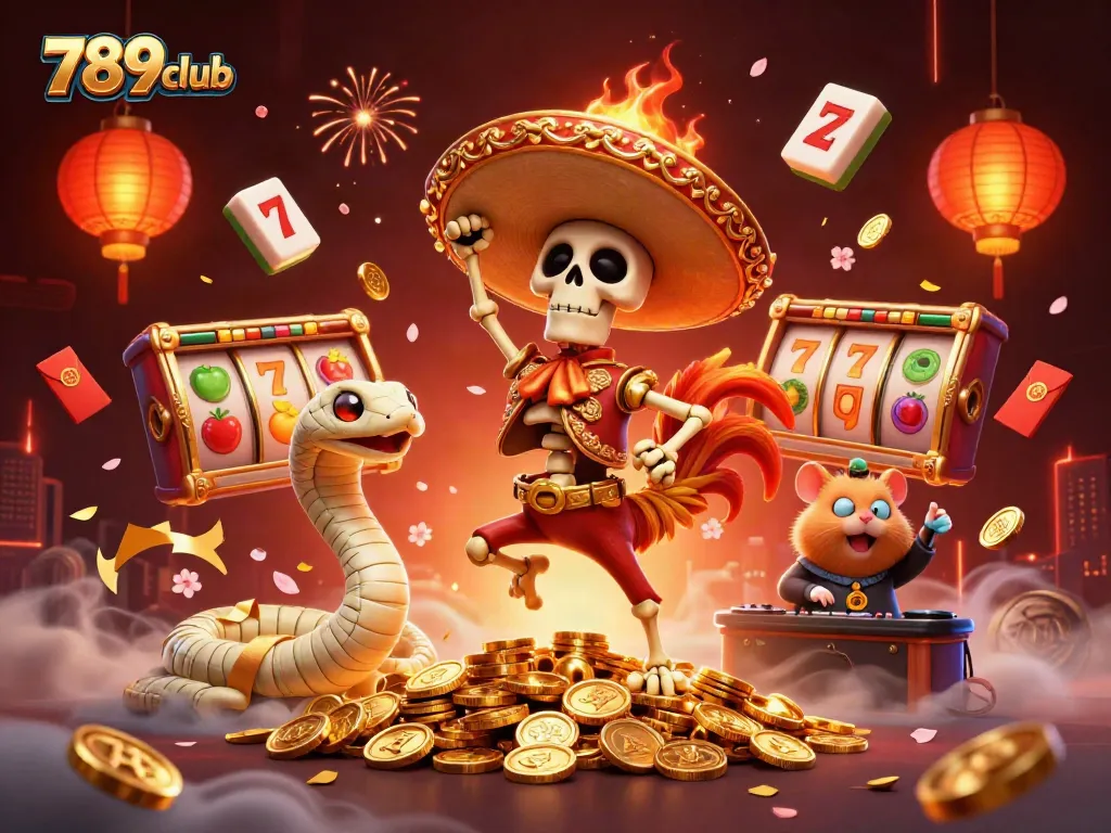 Experience the excitement of 789club with a vibrant, energetic casino-themed illustration featuring lively characters.