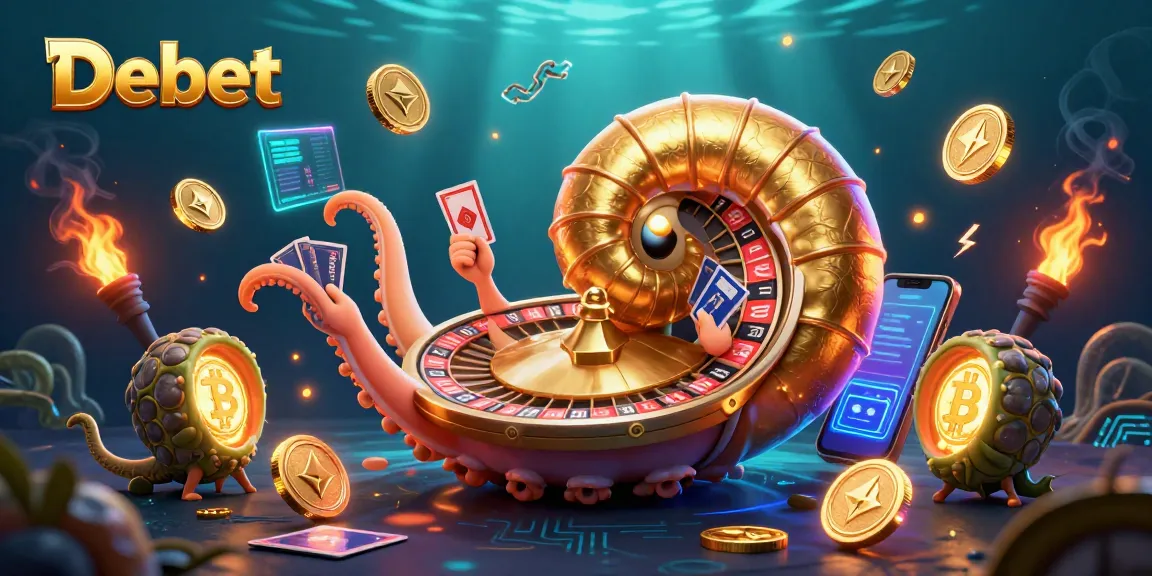 Engage with Debet's dynamic 3D casino scene featuring a nautilus roulette wheel and vibrant crypto elements.