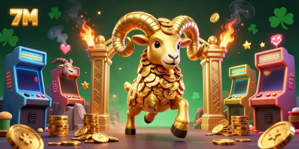 Engage with dynamic 7M live scores and stats through exciting cartoon illustrations of a golden ram and gaming elements.