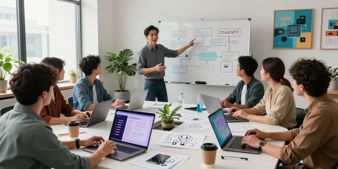 Team discussing ChatGPT alternatives in a modern tech office, showcasing innovative AI solutions.