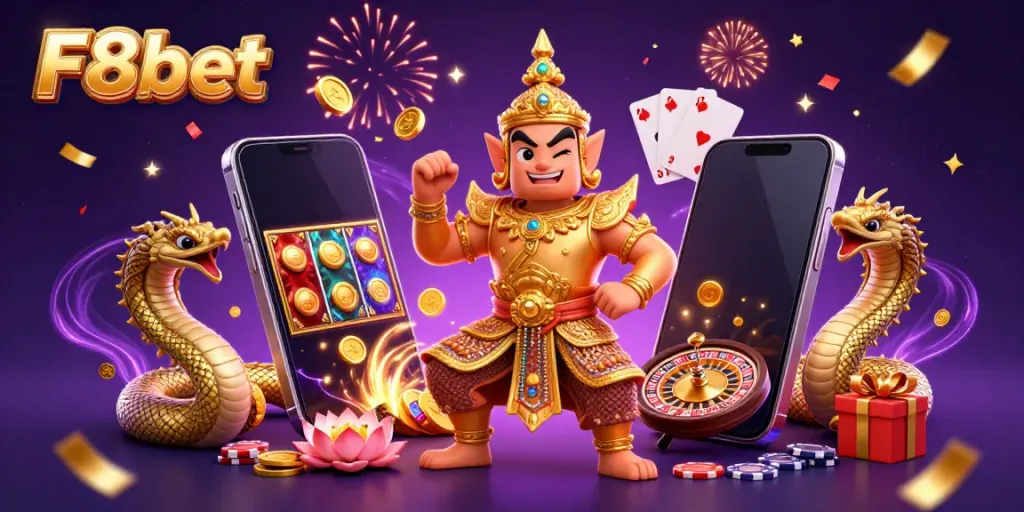 Experience thrilling gaming with F8bet's animated scene of a guardian, slot games, and festive elements.