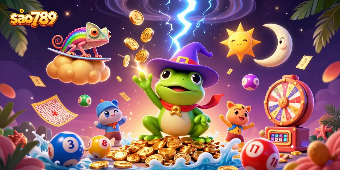 Sao789's vibrant gaming experience showcased with colorful lottery balls and dynamic casino elements