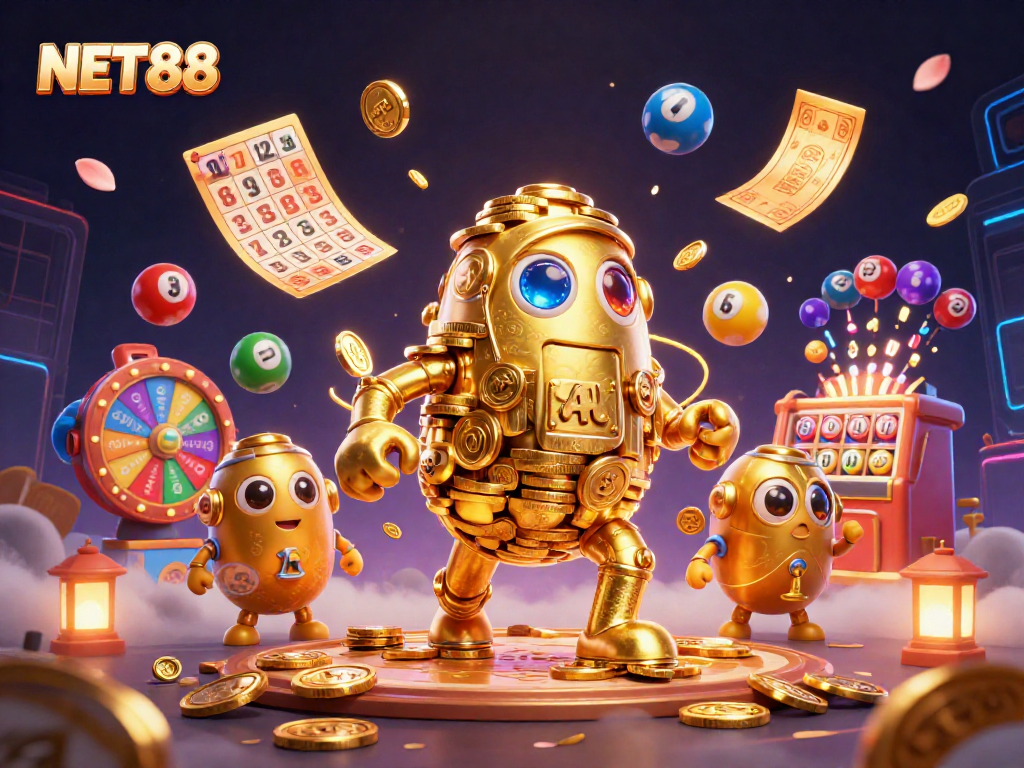 Engage with NET88's golden golem amidst dynamic lottery elements in a vibrant casino scene.