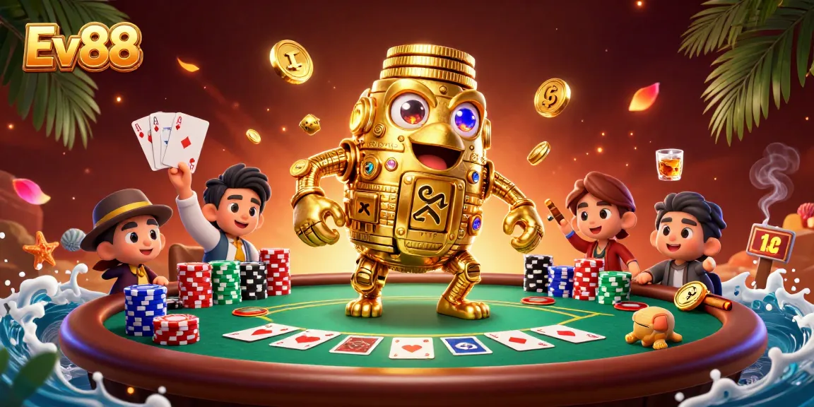 Win at Ev88 by engaging with a golden golem amidst poker elements and vibrant casino visuals.