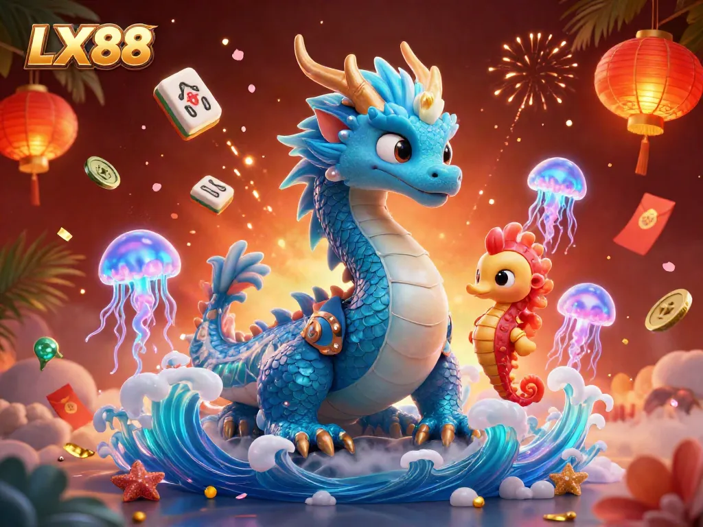 Engage in thrilling moments at LX88 with a majestic azure dragon, a seahorse knight, and neon jellyfish amid vibrant gambling elements.