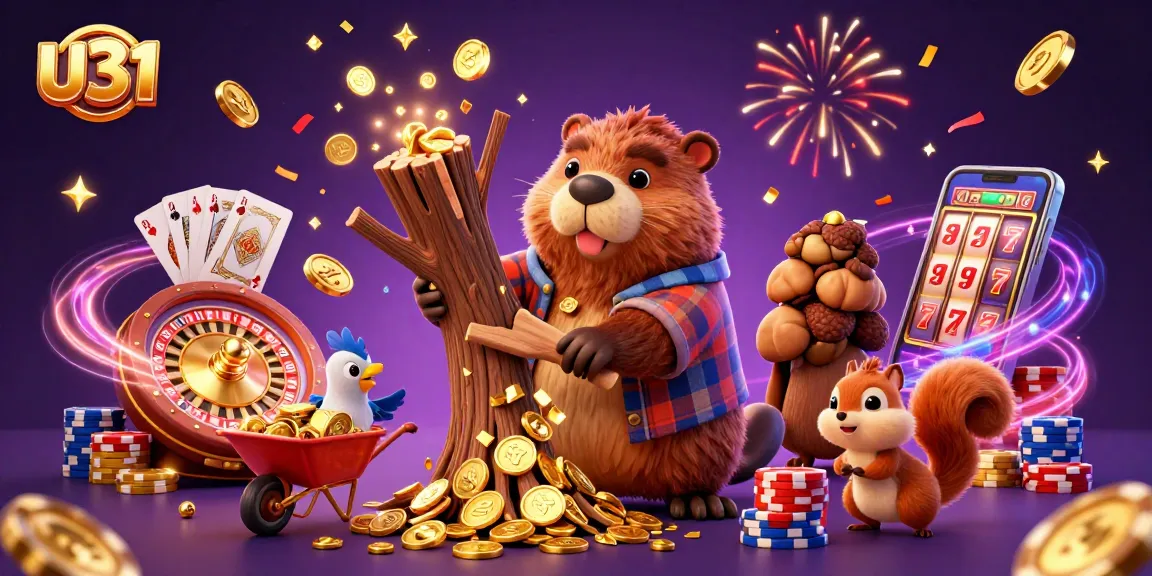 Win big prizes with U31 while enjoying a vibrant casino scene filled with gold coins, cards, and excitement.