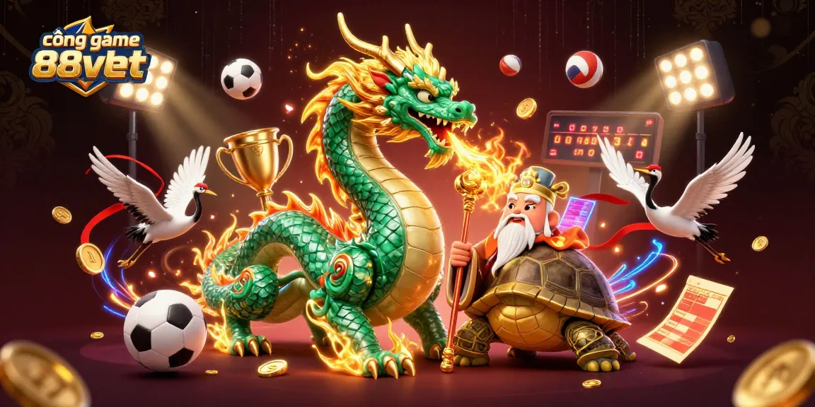 Hình ảnh cổng game 88vbet thể hiện rồng ngọc lục bảo và nhiều yếu tố thể thao sôi động.