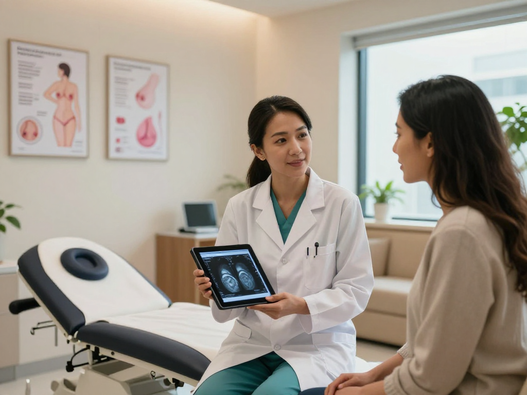Consultation with a skilled breast surgeon in Abu Dhabi, discussing breast health with a patient in a modern clinic.