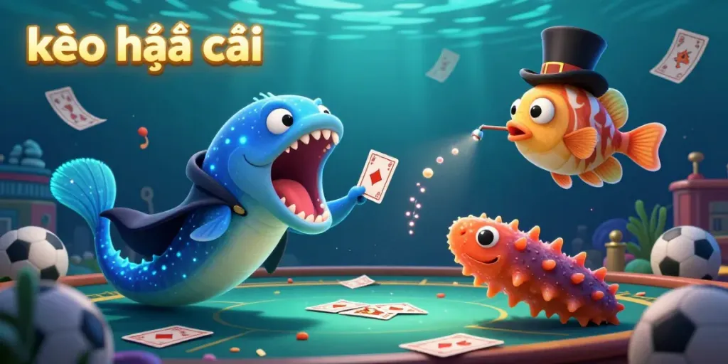 Exciting scene of kèo nhà cái with a bioluminescent eel magician performing, sports elements abound.